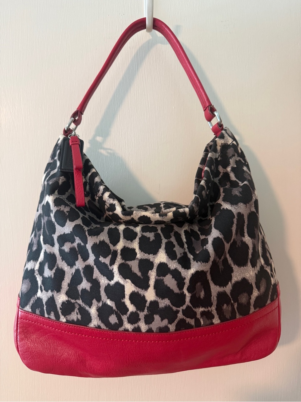 Black and Cream Leopard Print Coach Hobo Bag with Red Leather Trim